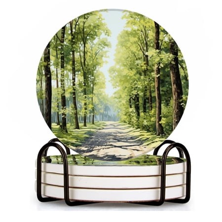 BaHomeck Drink Coasters Set of 4 with Holder Path Through the Forest on Summer Day Water Absorbent Ceramic Coasters Tabletop Protection Suitable for V