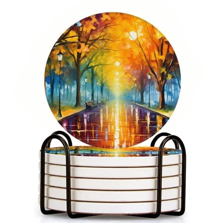Bahomeck Drink Coasters Set of 6 with Holder Vibrant Trees and Colorful Lights Reflecting on the Path Water Absorbent Ceramic Coasters Tabletop Protec