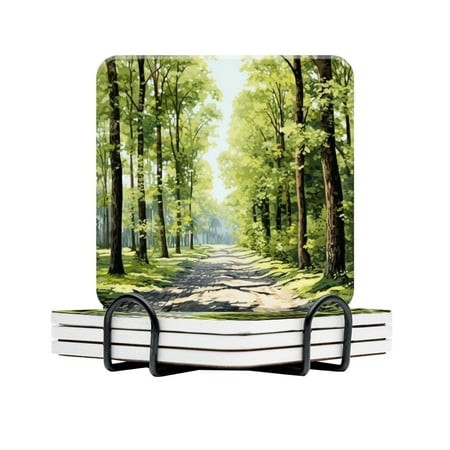 BaHomeck Drink Coasters Set of 4 with Holder Path Through the Forest on Summer Day Water Absorbent Ceramic Coasters Tabletop Protection Suitable for V