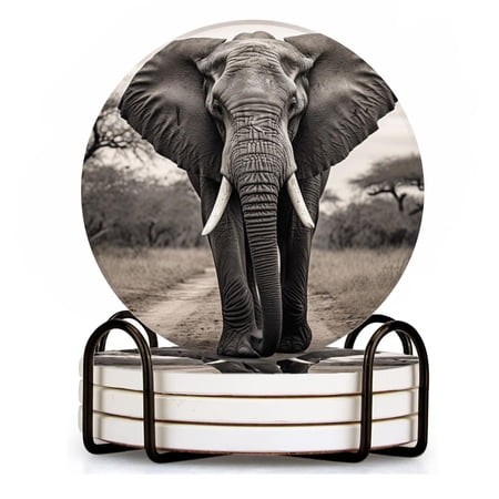 BaHomeck Drink Coasters Set of 4 with Holder Elephant Stands on Path in the African Savannah Water Absorbent Ceramic Coasters Tabletop Protection Suit
