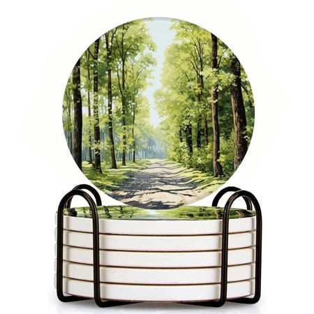Bahomeck Drink Coasters Set of 6 with Holder Path Through the Forest on Summer Day Water Absorbent Ceramic Coasters Tabletop Protection Suitable for V