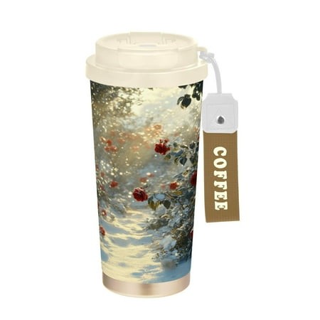 BZSMCE Coffe Bottles Stainless Steel Water Bottle with Fasshion Snowy Path with Red Roses Printed