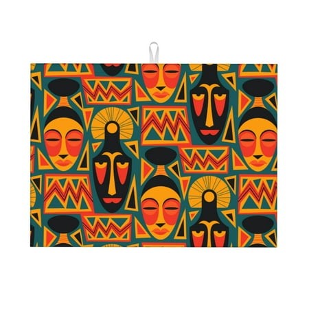 TEQUAN Dish Drying Mat for Kitchen Counter  Microfiber Super Absorbent African Culture Element Tribal Mask Prints Dish Drainer Mats  18 X 24 Inches