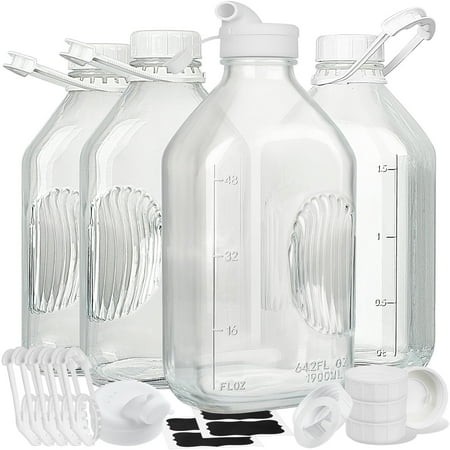 Syntic 4 Pack Glass Milk Bottles with Handle and Airtight Reusable Screw Lids  1/2 Gal Glass Water & Juice Bottles with 2 Pour Spouts  64 Oz Milk Jug 
