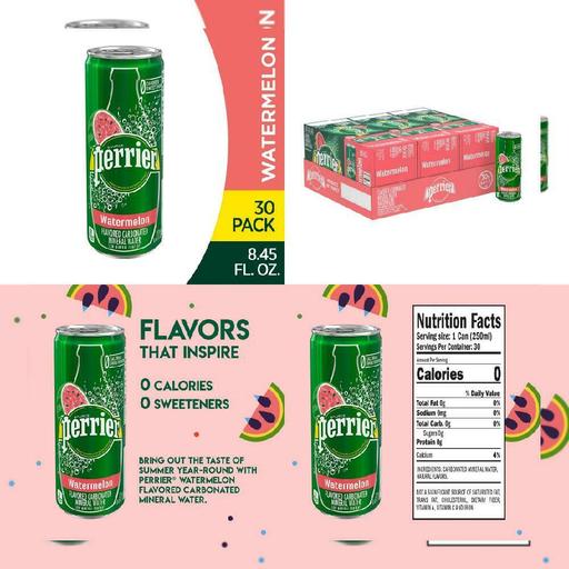 Perrier Watermelon Flavored Carbonated Mineral Water, 8.45 Fl Oz (Pack of 30)