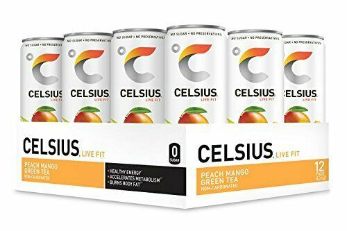 CELSIUS Peach Mango Green Tea Non-Carbonated Fitness Drink, ZERO Sugar, 12oz. Sl