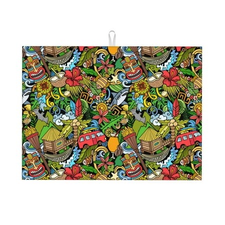 Zeuib Hawaiian Culture Symbols 1 Dish Drainer Kitchen Counter  Kitchen Drying Mat Heat Resistant Drainer Mats Easy to Clean Dish Rack Pad