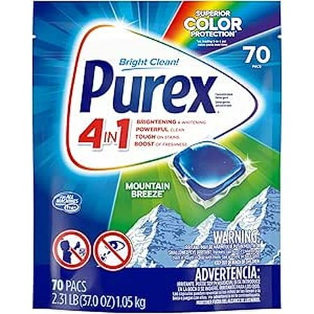 Purex 4-in-1 Laundry Detergent Pacs  Mountain Breeze  70 Count + Purex Crystals in-Wash Fragrance and Scent Booster  Fresh Vibes  21 Ounce  4