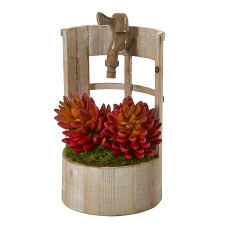Nearly Natural Mini 12in. Succulent Artificial Faucet Planter Silk Plants, Red