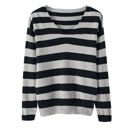 Women S V Neck Sweater Striped Lightweight Pullover Long Sleeve Knit Soft Top (Available in Plus Size) Black L