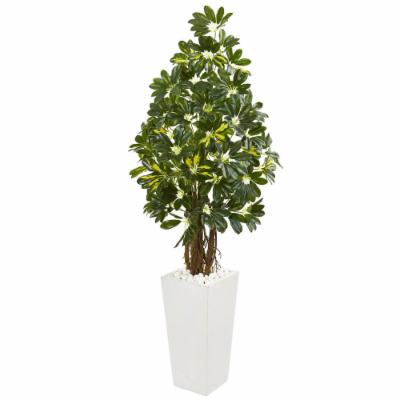 Nearly Natural Indoor 5-Ft. Schefflera Artificial Tree in White Tower Planter