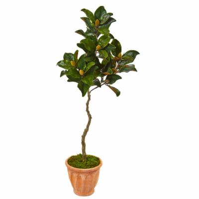 Nearly Natural 56 in. Magnolia Artificial Tree in Orange Planter