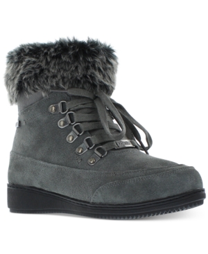 Khombu Womens Gray 0.5 Platform Padded Metallic Accents Fur Trim Waterproof Francie Round Toe Wedge Lace-up Booties 6.5 M - All