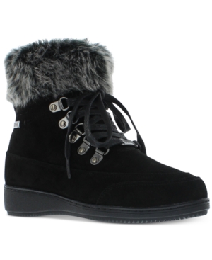 Khombu Womens Black 0.5 Padded Metallic Accents Fur Trim Waterproof Francie Round Toe Wedge Lace-up Leather Booties 8 M - All