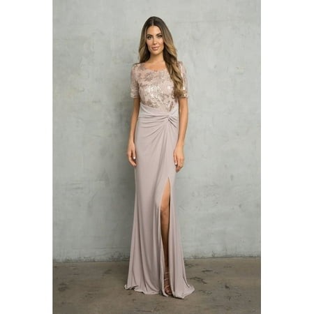Women S Eva USA 3439 Short Sleeve Mother of Groom Long Sequin Dress with High Slit Cocoa 2XL