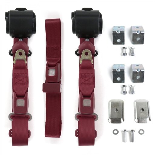 SafeTBoy 684963 Standard 3 Point Burgundy Retractable Bench Seat Belt Kit with Bracketry & 3 Belts for 1953-1961 Triumph TR2, 3
