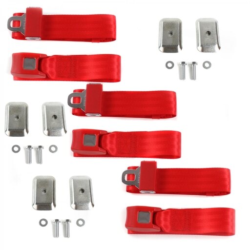 SafeTboy 676912 Standard 2 Point Red Lap Bench Seat Belt Kit with Bracketry for 1953-1957 VW Type 1 Oval - 3 Belts