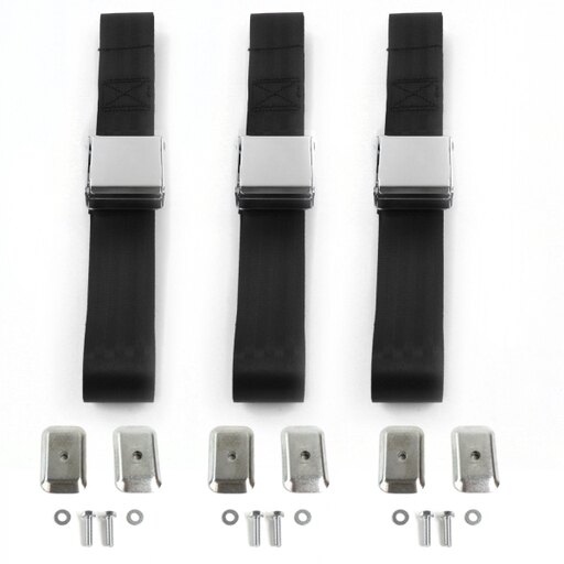 SafeTboy 678085 Airplane 2 Point Black Lap Bench Seat Belt Kit with Bracketry for 1953-1970 Jeep CJ & DJ - 3 Belts