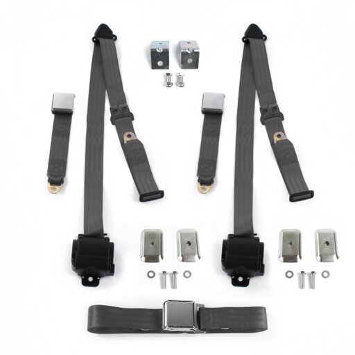 SafeTBoy 685935 Airplane 3 Point Charcoal Retractable Bench Seat Belt Kit with Bracketry & 3 Belts for 1953-1970 Jeep CJ & DJ