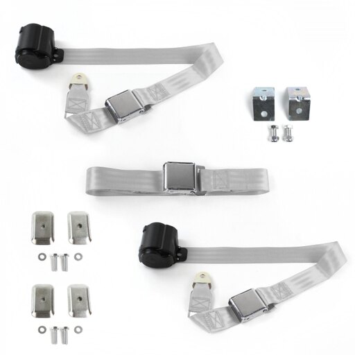 SafeTBoy 682767 Airplane 2 Point Gray Retractable Bench Seat Belt Kit with Bracketry & 3 Belts for 1953-1957 VW Type 1 Oval