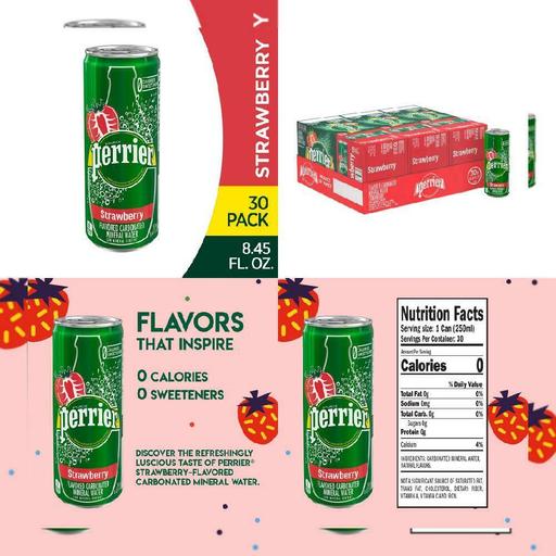 Perrier Strawberry Flavored Carbonated Mineral Water, 8.45 Fl Oz (Pack of 30)