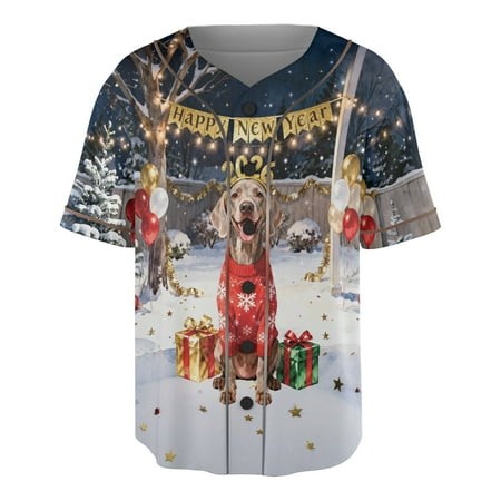 Happy New Year 2026 Weimaraner Holiday Balloons Party Snow All Over Print 3D Baseball Shirt Weim Gray Ghost Dog Lover Softball Sport - 13018