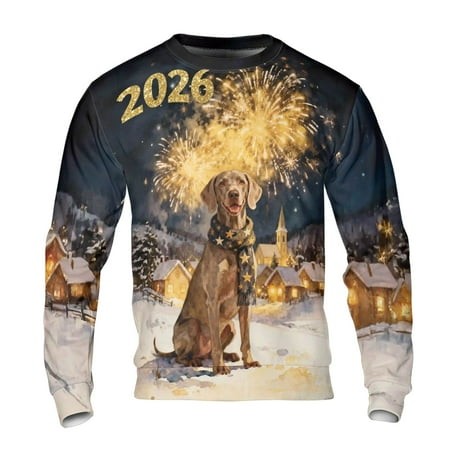 Weimaraner Happy New Year 2026 with Fireworks on New Year S Eve All Over Print 3D Sweatshirt Unisex Merch Weim Gray Ghost Dog Lover - 12022