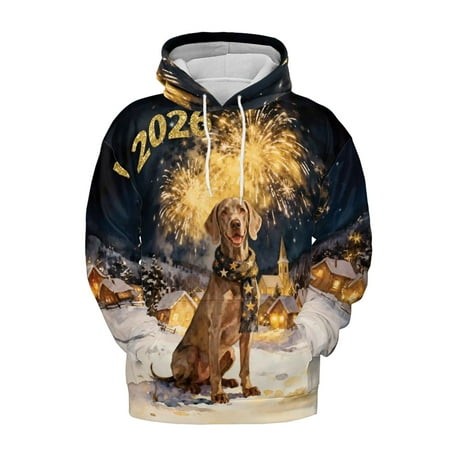 Weimaraner Happy New Year 2026 with Fireworks on New Year S Eve All Over Print 3D Hoodie Unisex Merch Hoodies Weim Gray Ghost Dog Lover - 12022