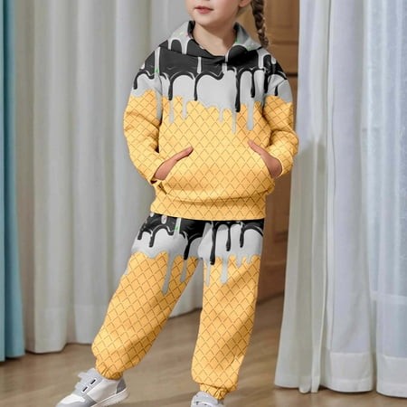 EliteGoogv Kids 2 Piece Outfits Sweatsuits Melting Ice Cream Print 3D Hoodies and Baggy Sweatpants Tracksuit Black 130/(6-7Y)