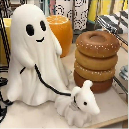 Ghost Walking His Ghost Dog 2024 Upgrade Cutest Ghost Walking Dog Statue Scary Halloween Spooky Decorations Standing Ghosts Figurines Front Porch Deco