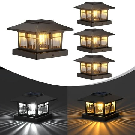 4x4 Solar Post Cap Lights  4 Pack Fence Deck Post Lights Outdoor Solar Powered Waterproof with Two Light Modes Warm&Cool White for Garden Patio Decor.