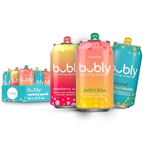 Bubly Sparkling Water, 3 Flavor Variety Pack (Bellini, Strawberry Sunset, Coconut Pineapple), Zero Sugar & Zero Calories, 12 Fl Oz Cans (Pack of 18)