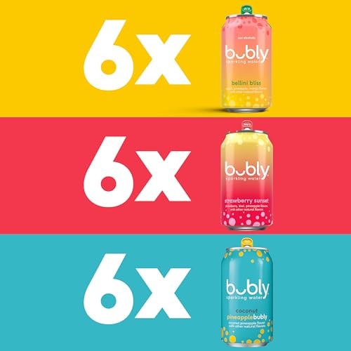 Bubly Sparkling Water, 3 Flavor Variety Pack (Bellini, Strawberry Sunset, Coconut Pineapple), Zero Sugar & Zero Calories, 12 Fl Oz Cans (Pack of 18) thumbnail