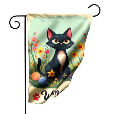 Welcome Black Cat Garden Flag 12.5x18 Inch Double Sided Polyester Decorative Yard Flag with Floral Design for Outdoor Home Patio Lawn Decor#24791