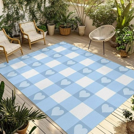 Fsddascl Buffalo Blue Striped Outdoor Rug for Patio/Deck/Porch  Non-Slip Large Area Rug 4 X 6 Ft  Love Heart Checkered Indoor Outdoor Rugs Washable Ar