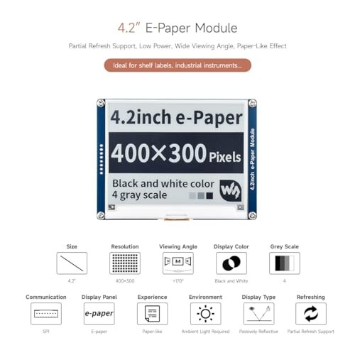 Waveshare 4.2inch E-Ink Display Module Compatible with Raspberry Pi 5/4B/3B/Zero/Zero W/Zero 2W/Pico/Pico W/Pico WH, 400x300 Resolution SPI Interface thumbnail