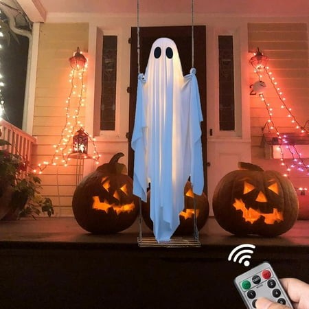 Halloween Decorations Outdoor  5FT Large Hanging Swing Ghost Halloween Decor with String Lights  2026 Spooky Cute Ghosts Decorations for Front Porch Y