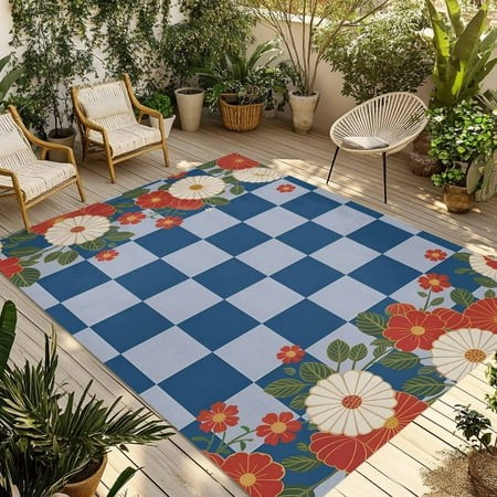 Fsddascl Blue Plaid Outdoor Rug for Patio/Deck/Porch  Non-Slip Large Area Rug 6 X 9 Ft  Japanese Red Floral Flowers Buffalo Check Indoor Outdoor Rugs 