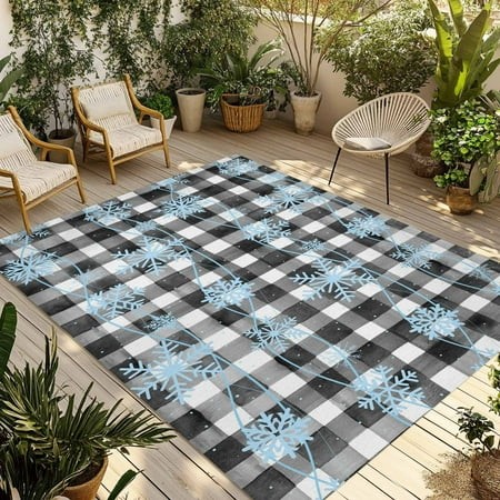 Fsddascl Blue Christmas Outdoor Rug for Patio/Deck/Porch  Non-Slip Large Area Rug 6 X 9 Ft  Black Buffalo Plaid Winter Xmas Snowflake Indoor Outdoor R