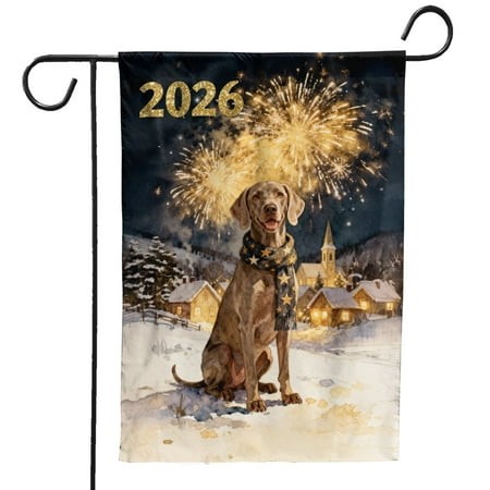 Weimaraner Happy New Year 2026 with Fireworks on New Year S Eve Garden Flag 12x18in Double Sided Weim Gray Ghost Dog Lover Outdoor Decor - 12022