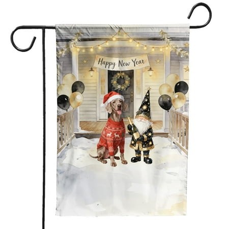 Happy New Year 2026 Weimaraner Santa Gnome Holiday Party Snow Garden Flag 12x18in Double Sided Weim Gray Ghost Dog Lover Outdoor Decor - 13019