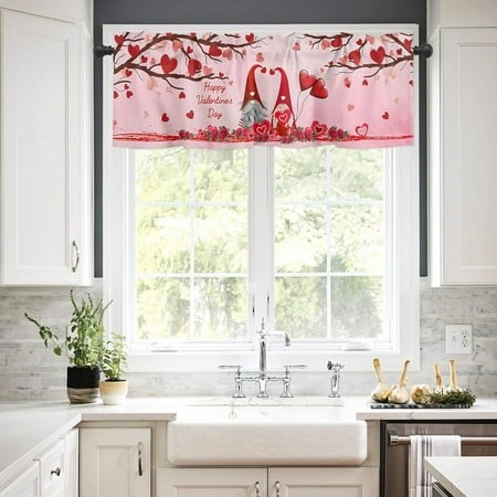 Window Valances Kitchen Short Curtains  Happy Valentine  S Day Gnome Elf with Romance Love Heart Rose Rod Pocket Curtain Valance Decorative Window Tre