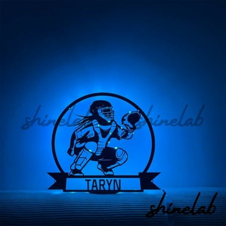 Shinelab Softball Catcher Metal Sign LED Wall Art  Custom Sport Wall Decor  Home Decor 9253