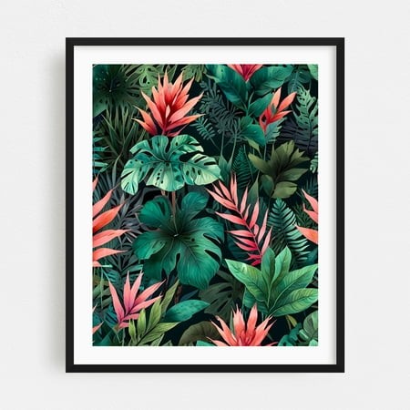 Rainforest Fantasy - Illustration Tropical Botanical Jungle Floral Pattern Nature Black Framed Wall Art Print 18 X 24 Inches