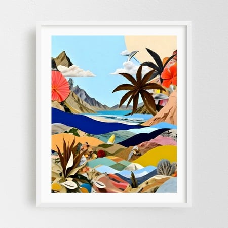 The Beach Bound Surrealist - India Digital Art Surrealism Tropical Palm Tree Coastal Fantasy Ocean White Framed Wall Art Print 18 X 24 Inches
