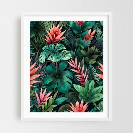 Rainforest Fantasy - Illustration Tropical Botanical Jungle Floral Pattern Nature White Framed Wall Art Print 18 X 24 Inches