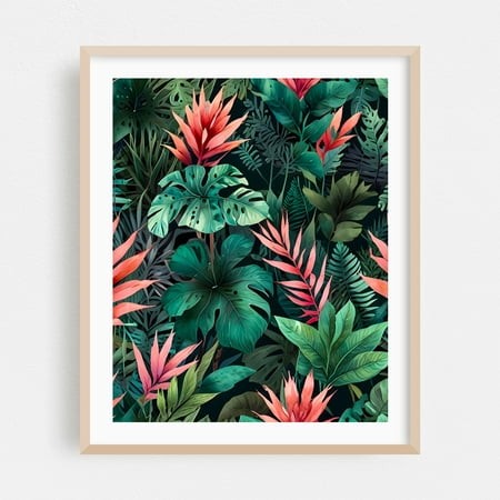 Rainforest Fantasy - Illustration Tropical Botanical Jungle Floral Pattern Nature Oak Framed Wall Art Print 18 X 24 Inches