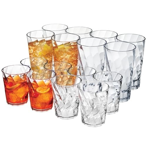 US Acrylic Optix Plastic Reusable Drinking Glasses (Set of 16) 14oz Rocks & 20oz Water Cups in Clear | BPA-Free Tumblers, Made in USA | Top-Rack Dishw