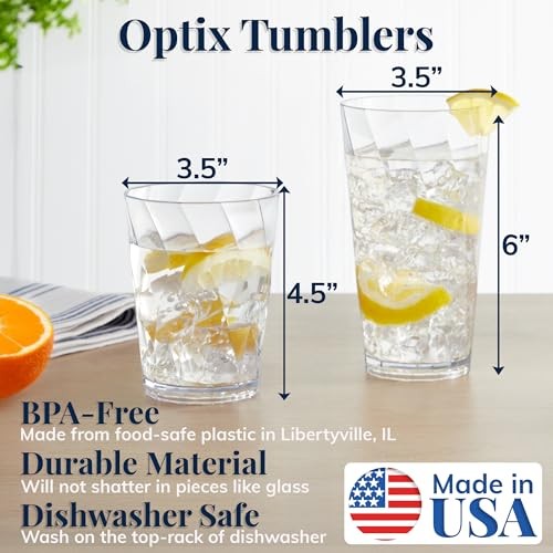 US Acrylic Optix Plastic Reusable Drinking Glasses (Set of 16) 14oz Rocks & 20oz Water Cups in Clear | BPA-Free Tumblers, Made in USA | Top-Rack Dishw thumbnail