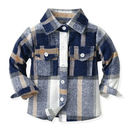 Hessimy Baby Boys Flannel Shirt Toddler Long Sleeve Button Down Buffalo Plaid Shirt Little Boys Kids Fall Casual Flannel Shacket(Blue 6-7 Years)